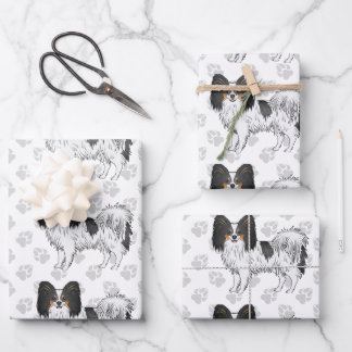 Tricolor Papillon Cartoon Dogs With A Paw Pattern Wrapping Paper Sheets