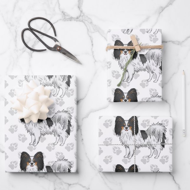 Tricolor Papillon Cartoon Dogs With A Paw Pattern Wrapping Paper Sheets (Front)