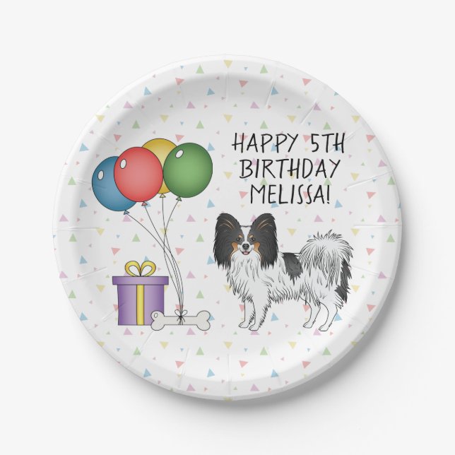 Tricolor Papillon Cute And Happy Dog - Birthday Paper Plates (Front)