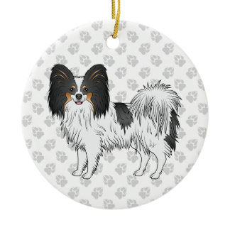 Tricolor Papillon Cute And Happy Dog With Paws Ceramic Ornament