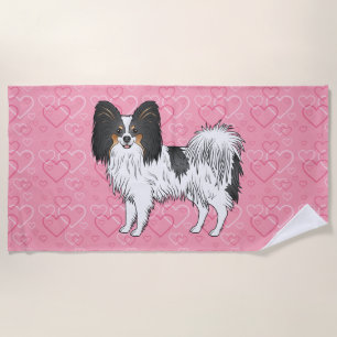 Tricolor Papillon Cute Cartoon Dog On Pink Hearts Beach Towel