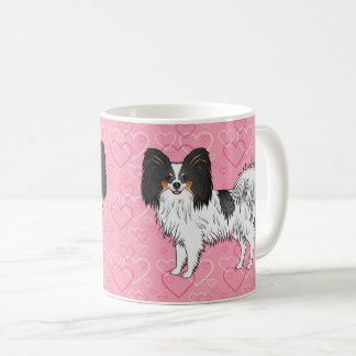 Tricolor Papillon Cute Cartoon Dog On Pink Hearts Coffee Mug