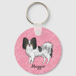 Tricolor Papillon Cute Cartoon Dog On Pink Hearts Keychain