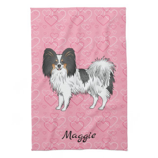Tricolor Papillon Cute Cartoon Dog On Pink Hearts Kitchen Towel