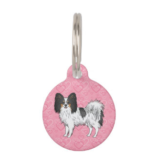 Tricolor Papillon Cute Cartoon Dog On Pink Hearts Pet ID Tag