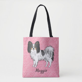 Tricolor Papillon Cute Cartoon Dog On Pink Hearts Tote Bag