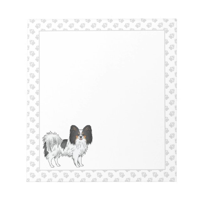 Tricolor Papillon Cute Cartoon Dog With Gray Paws Notepad (Front)