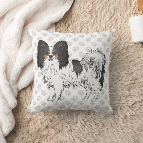 Tricolor Papillon Cute Cartoon Dog With Paws Throw Pillow