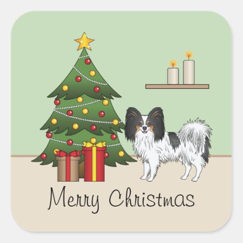 Tricolor Papillon Cute Dog By A Christmas Tree Square Sticker