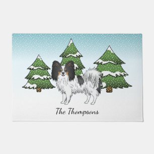 Tricolor Papillon Cute Dog In A Winter Forest Doormat