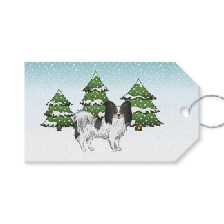 Tricolor Papillon Cute Dog In A Winter Forest Gift Tags