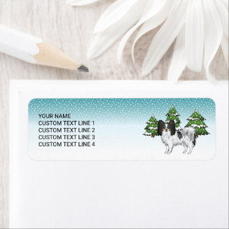 Tricolor Papillon Cute Dog In A Winter Forest Label