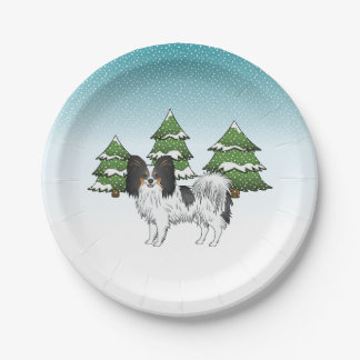 Tricolor Papillon Cute Dog In A Winter Forest Paper Plates