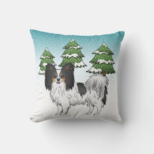 Tricolor Papillon Cute Dog In A Winter Forest Throw Pillow