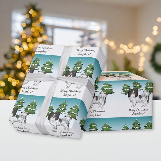 Tricolor Papillon Cute Dog In A Winter Forest Wrapping Paper (Creator Uploaded)