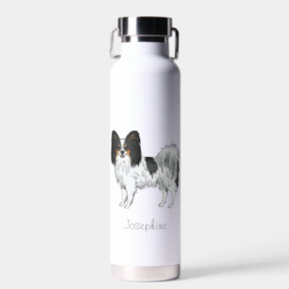 Tricolor Papillon Cute Dog With Custom Name Water Bottle