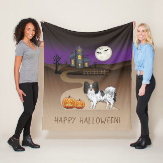 Tricolor Papillon Dog And Halloween Haunted House Fleece Blanket