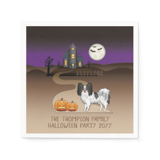 Tricolor Papillon Dog And Halloween Haunted House Napkins