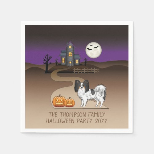 Tricolor Papillon Dog And Halloween Haunted House Napkins