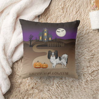 Tricolor Papillon Dog And Halloween Haunted House Throw Pillow