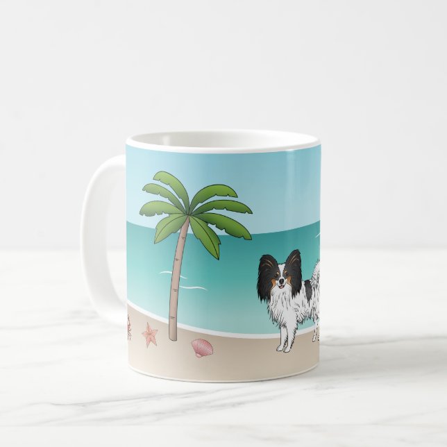 Tricolor Papillon Dog At A Tropical Summer Beach Coffee Mug (Front Left)