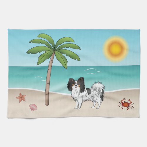 Tricolor Papillon Dog At A Tropical Summer Beach Kitchen Towel