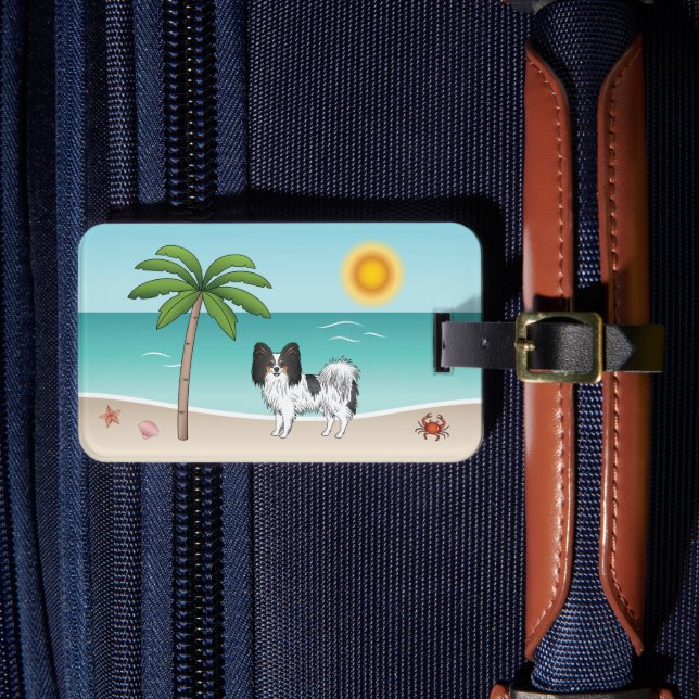 Tricolor Papillon Dog At A Tropical Summer Beach Luggage Tag (Front Insitu 4)