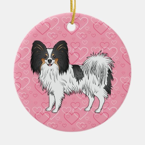Tricolor Papillon Dog On Pink Hearts Pet Memorial Ceramic Ornament