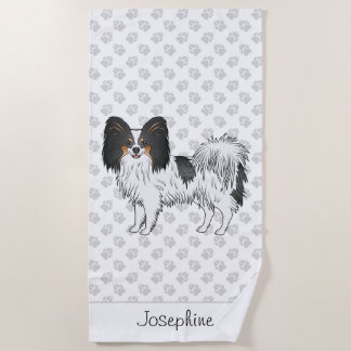 Tricolor Papillon Dog With Paw Pattern And Name Beach Towel