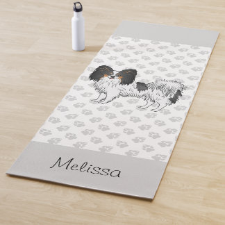 Tricolor Papillon Dog With Paws And Custom Name Yoga Mat