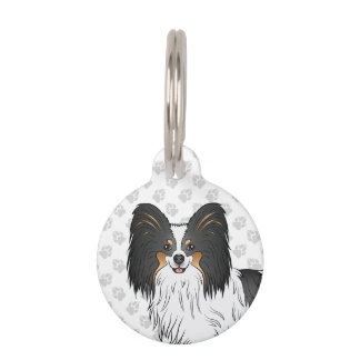 Tricolor Papillon Happy Cartoon Dog Head And Paws Pet ID Tag