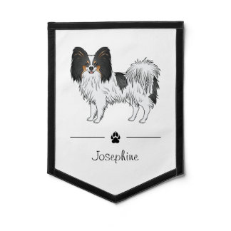 Tricolor Papillon Happy Cartoon Dog With Name Pennant