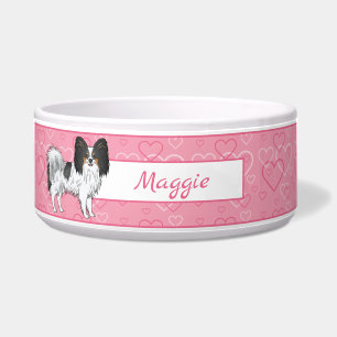 Tricolor Papillon Happy Cute Dog On Pink Hearts Bowl