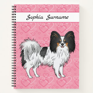Tricolor Papillon Happy Cute Dog On Pink Hearts Notebook