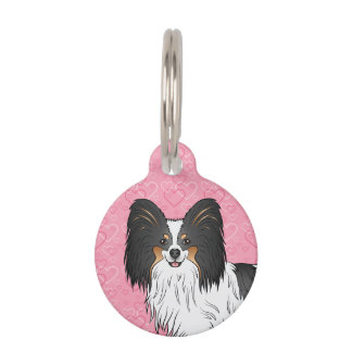 Tricolor Papillon Happy Dog Head On Pink Hearts Pet ID Tag