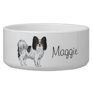 Tricolor Papillon Happy Dog With Dog's Own Name Bowl