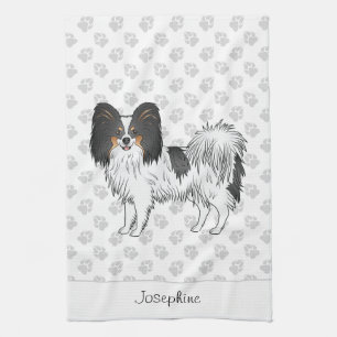 Tricolor Papillon Happy Dog With Paws And Name Kitchen Towel