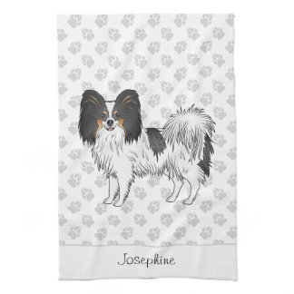 Tricolor Papillon Happy Dog With Paws And Name Kitchen Towel