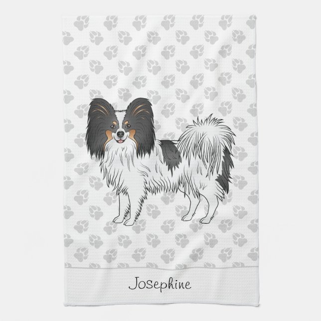 Tricolor Papillon Happy Dog With Paws And Name Kitchen Towel (Vertical)