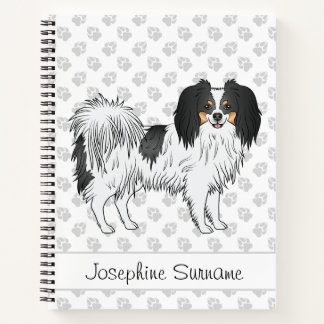 Tricolor Phalène Cartoon Dog With Text And Paws Notebook