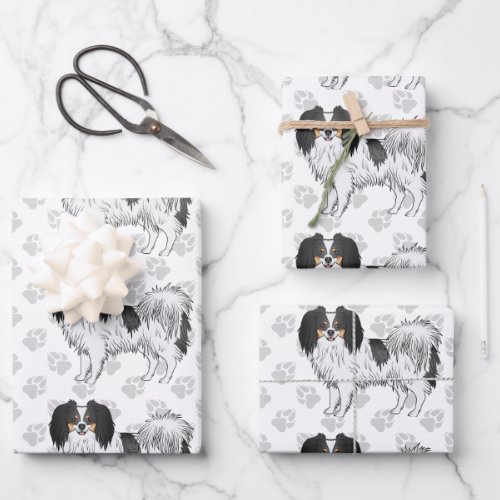 Tricolor Phalne Cute Cartoon Dog With Gray Paws Wrapping Paper Sheets