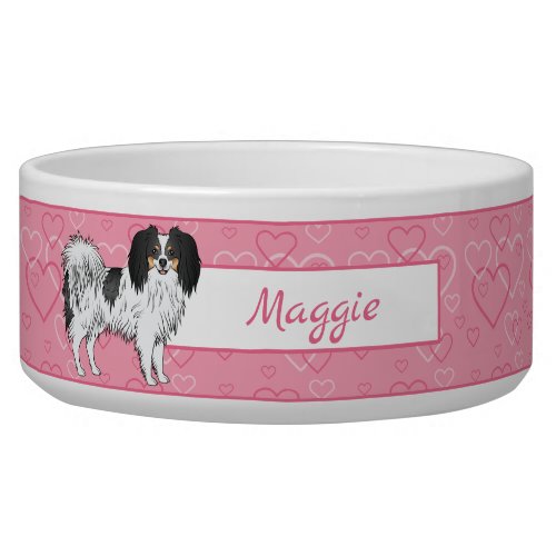 Tricolor Phalne Cute Dog On Pink Hearts With Name Bowl