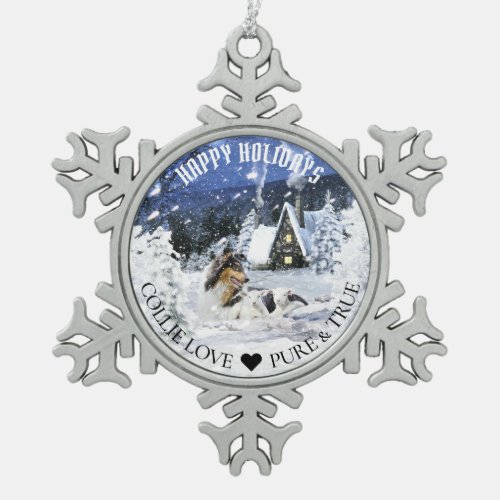 Tricolor Rough Collie and Lambs in Winter Night _ Snowflake Pewter Christmas Ornament