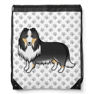 Tricolor Rough Collie Cute Cartoon Dog Drawstring Bag