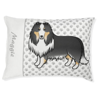 Tricolor Rough Collie Cute Cartoon Dog &amp; Name Pet Bed