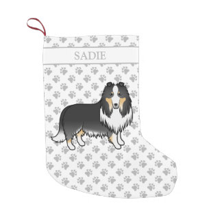 Tricolor Rough Collie Cute Cartoon Dog &amp; Name Small Christmas Stocking