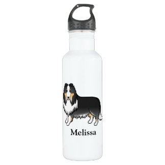 Tricolor Rough Collie Cute Cartoon Dog &amp; Name Stainless Steel Water Bottle