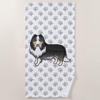 Tricolor Rough Collie Cute Cartoon Dog &amp; Paws Beach Towel