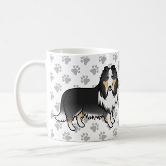 Tricolor Rough Collie Cute Cartoon Dog &amp; Paws Coffee Mug