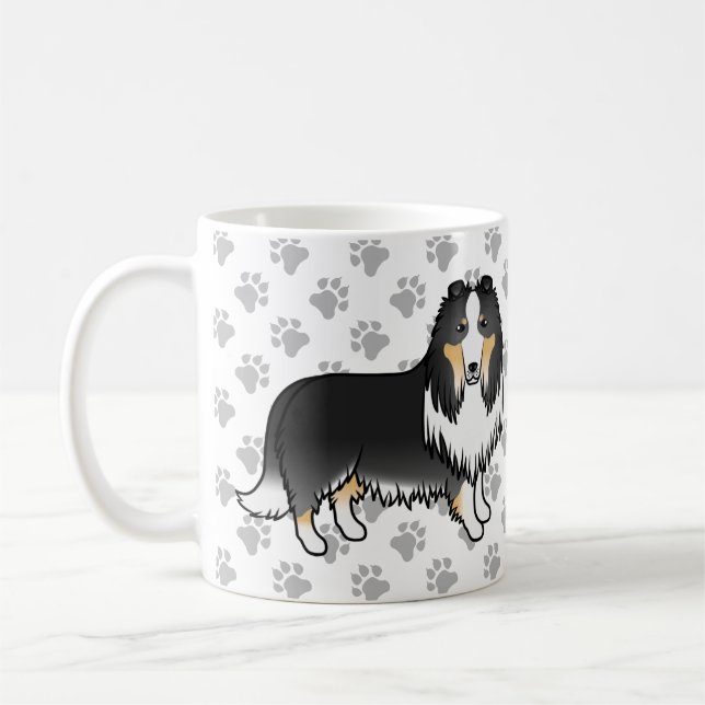 Tricolor Rough Collie Cute Cartoon Dog & Paws Coffee Mug (Left)